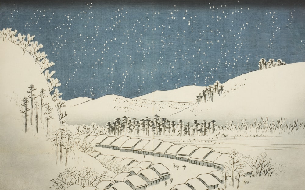 a painting of a snowy landscape with a cabin in the foreground