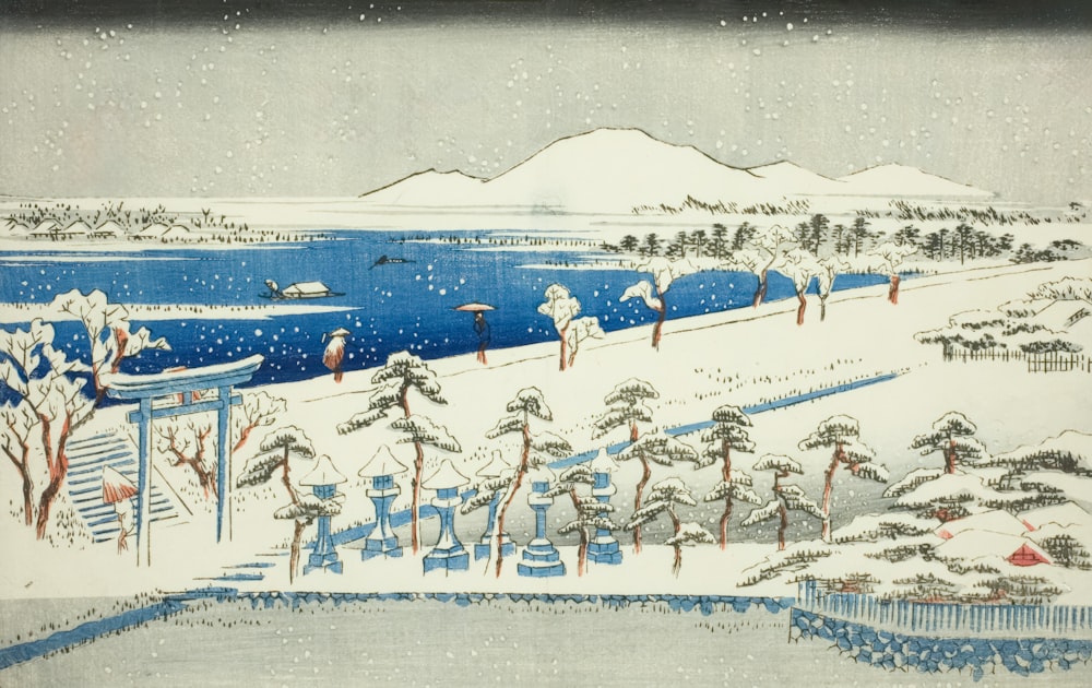 a painting of a snowy landscape with trees and a lake