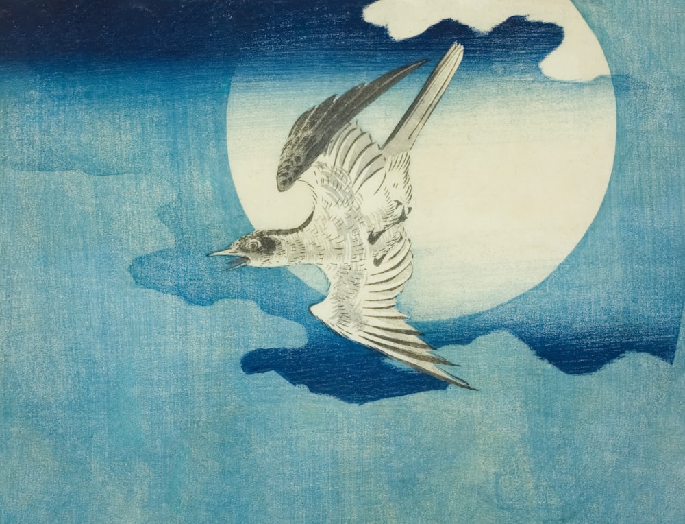a painting of a bird flying over the ocean