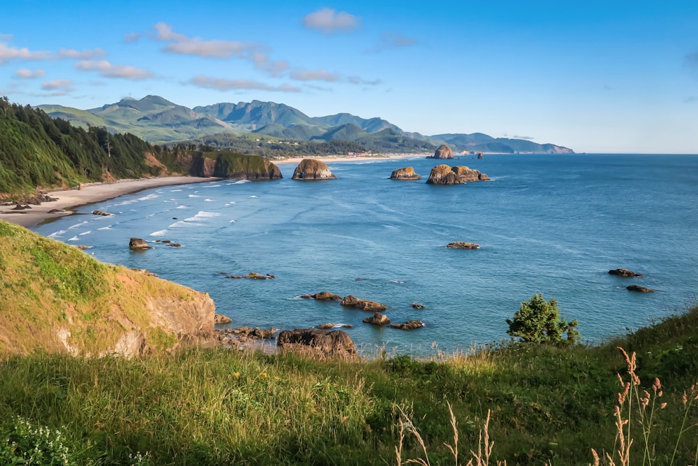 a scenic view of the ocean with mountains in the background