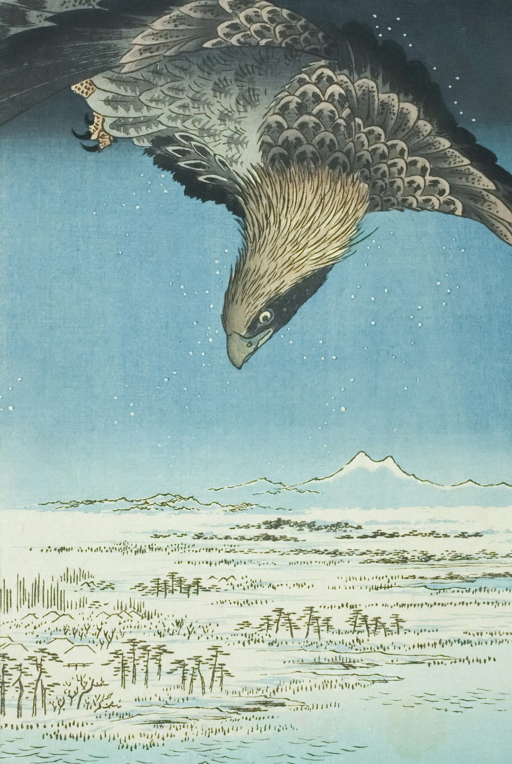 a painting of an eagle flying over a snowy landscape