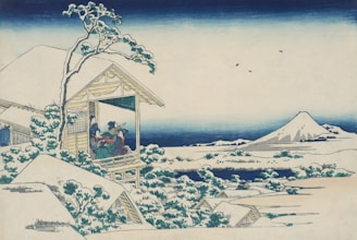 A serene depiction of Onna, Okinawa, inspired by Hiroshige's woodblock prints.