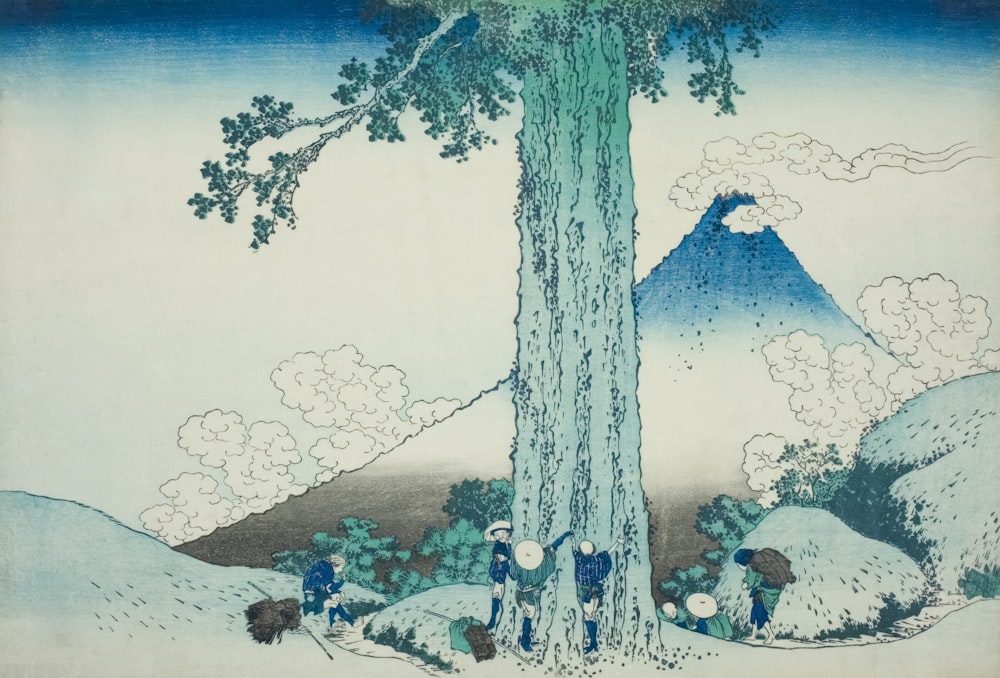 a painting of a tree with mountains in the background