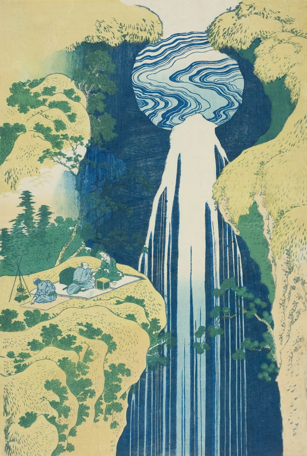 a painting of a waterfall in a forest
