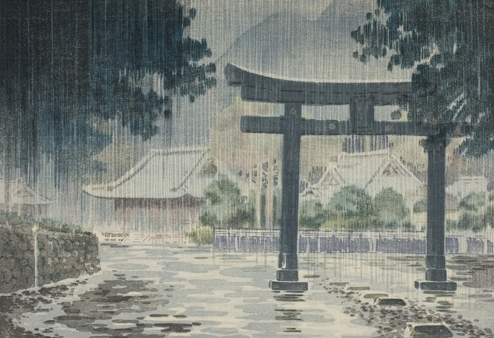 a painting of an asian gate in the rain