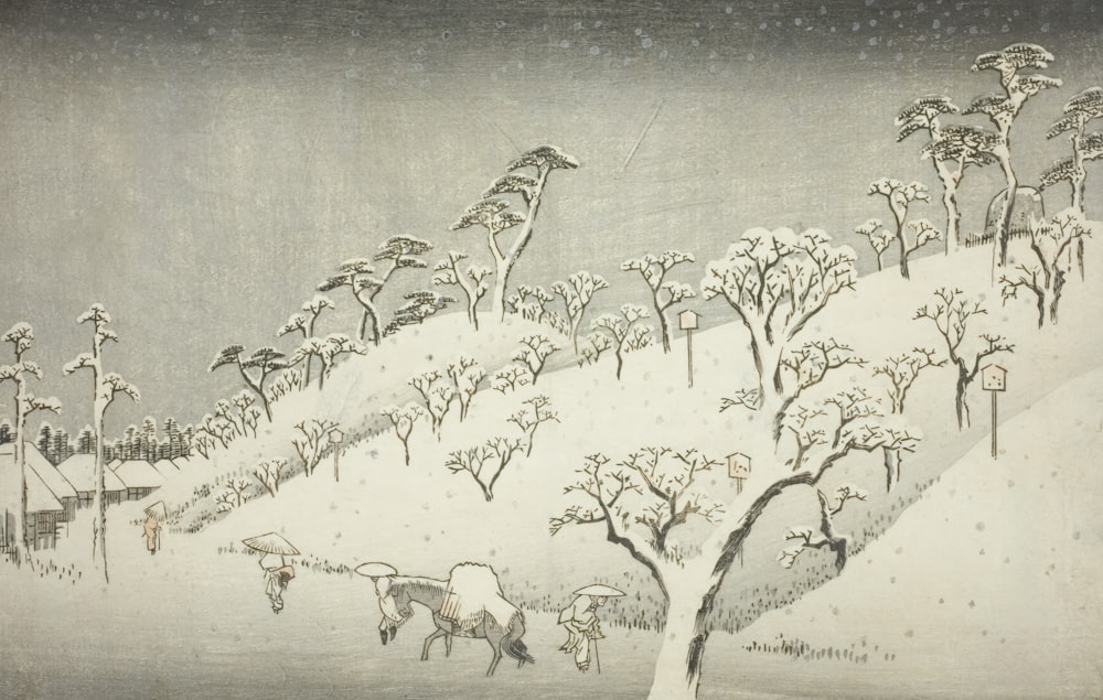 a painting of a snowy landscape with horses and trees