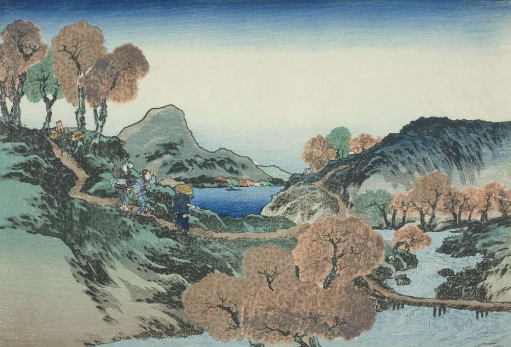 a painting of a landscape with mountains and a river