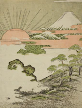 A delicate, transparent illustration of Mount Fuji with soft ink brush strokes forming an ensō circle around it.