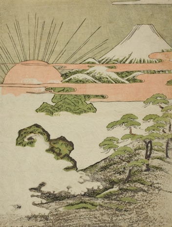A scenic landscape of Mount Fuji at sunrise.