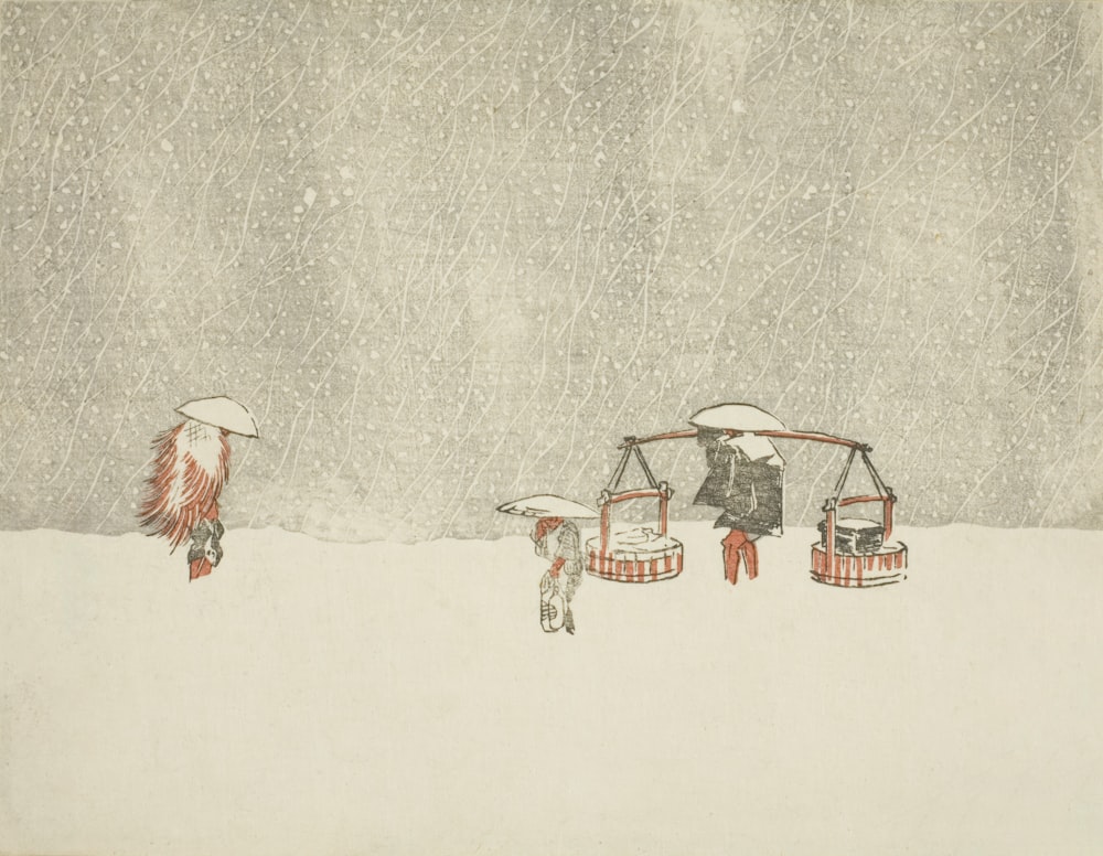 a drawing of two people in the snow