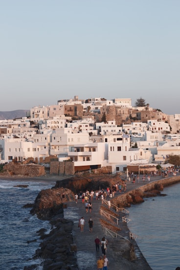 a group of people walking along a beach next to the ocean