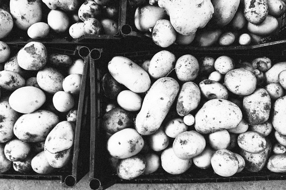 black and white photograph of potatoes in baskets