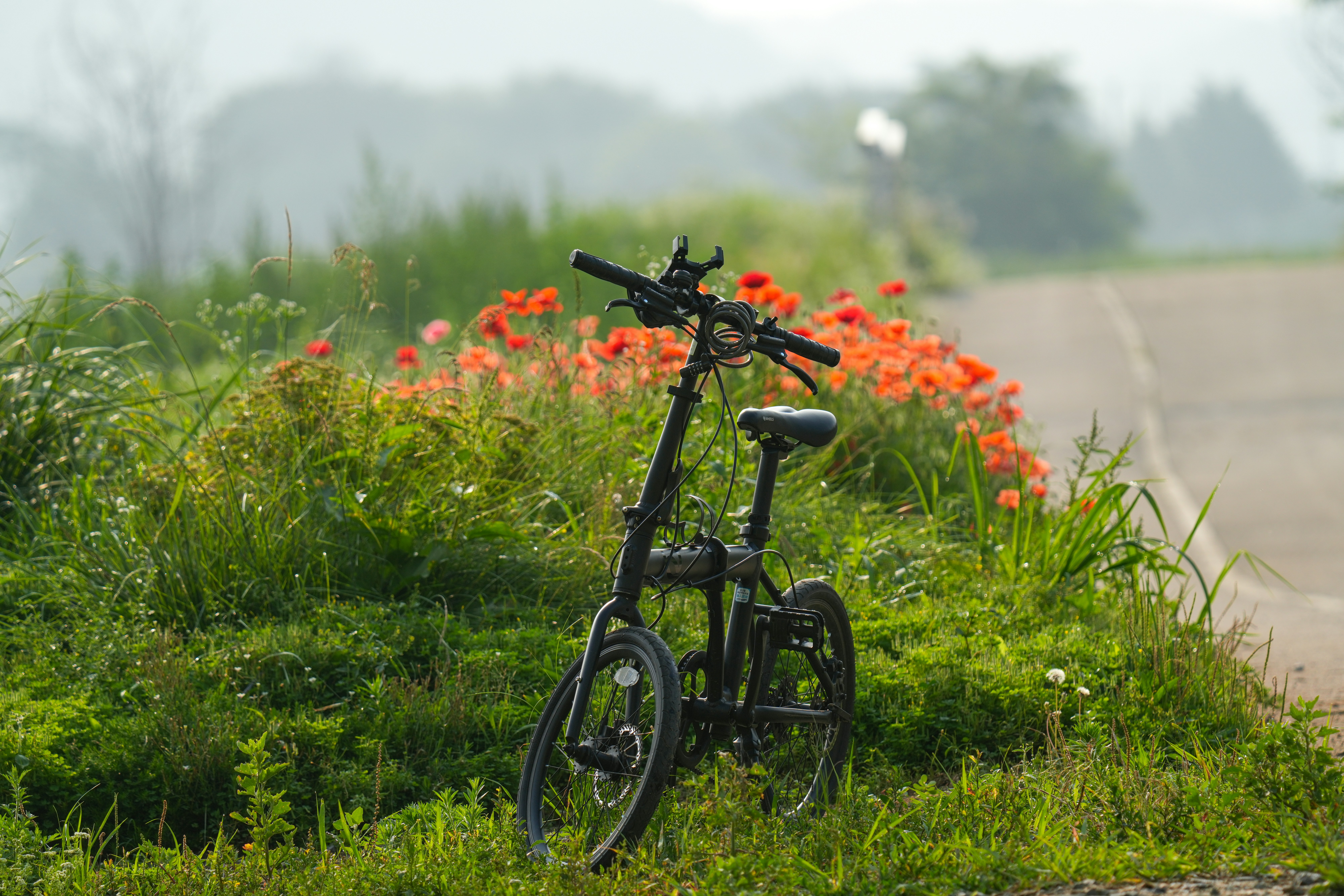 a bicycle parked on the side of a road