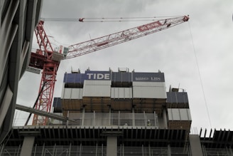A large construction site with a tall red crane towering over a partially constructed building. The building features multiple levels with metal and wooden frameworks. The sky is overcast, and there are wires and protective barriers evident on the structure. Workers can also be seen on the structure.