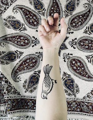 Minimalist fine line tattoo of a bird on the wrist.