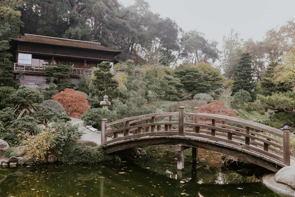 a bridge over a pond in a japanese garden