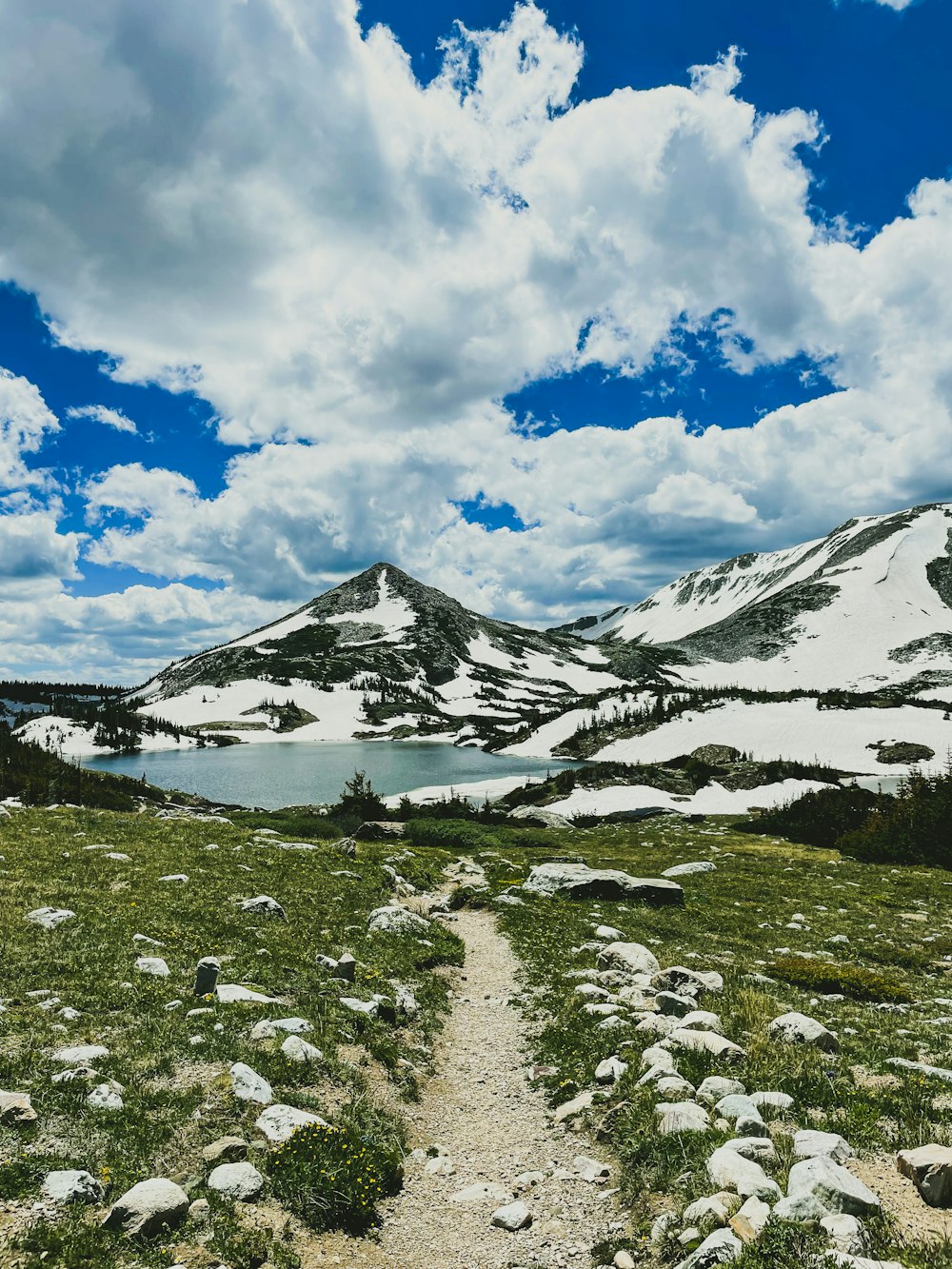 a trail leading to a lake in the mountains