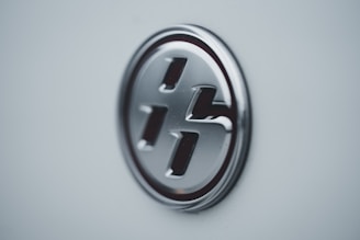 A close-up of a metallic, circular emblem on a light-colored surface, featuring a stylized letter design.
