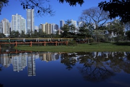 a bridge over a body of water with a city in the background