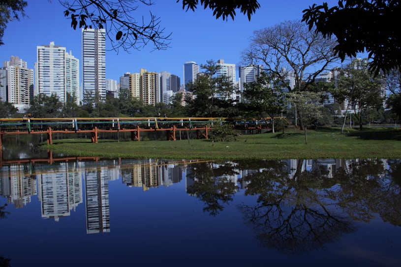 a bridge over a body of water with a city in the background