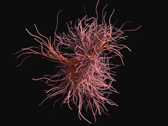 A complex, swirling mass of thin, tangled lines resembling neural connections or abstract tendrils emerges from the center, set against a stark black background. The lines vary in thickness and length, intertwining with a dynamic flow that suggests movement.
