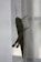 A large green grasshopper clings to a sheer white curtain, its long legs and antennae prominently visible. The natural lighting illuminates the insect's textured body and wings.