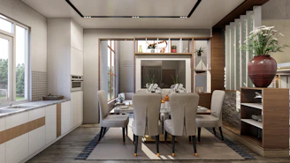 a dining room with a table and chairs