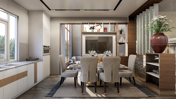 a dining room with a table and chairs