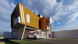A modern architectural house with a unique angular design, featuring prominent mustard yellow and white sections. A luxury car is parked in the driveway under a covered area. The sky is bright with scattered clouds, suggesting a clear day. A person is walking towards the house on a paved path.