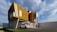 A modern architectural house with a unique angular design, featuring prominent mustard yellow and white sections. A luxury car is parked in the driveway under a covered area. The sky is bright with scattered clouds, suggesting a clear day. A person is walking towards the house on a paved path.
