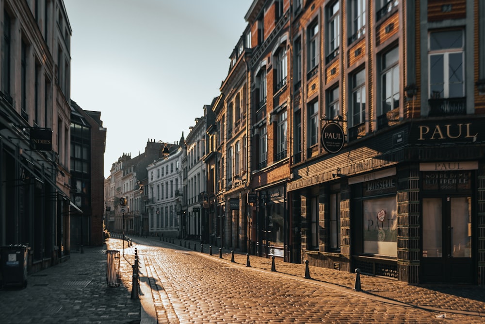 a cobblestone street in a european city