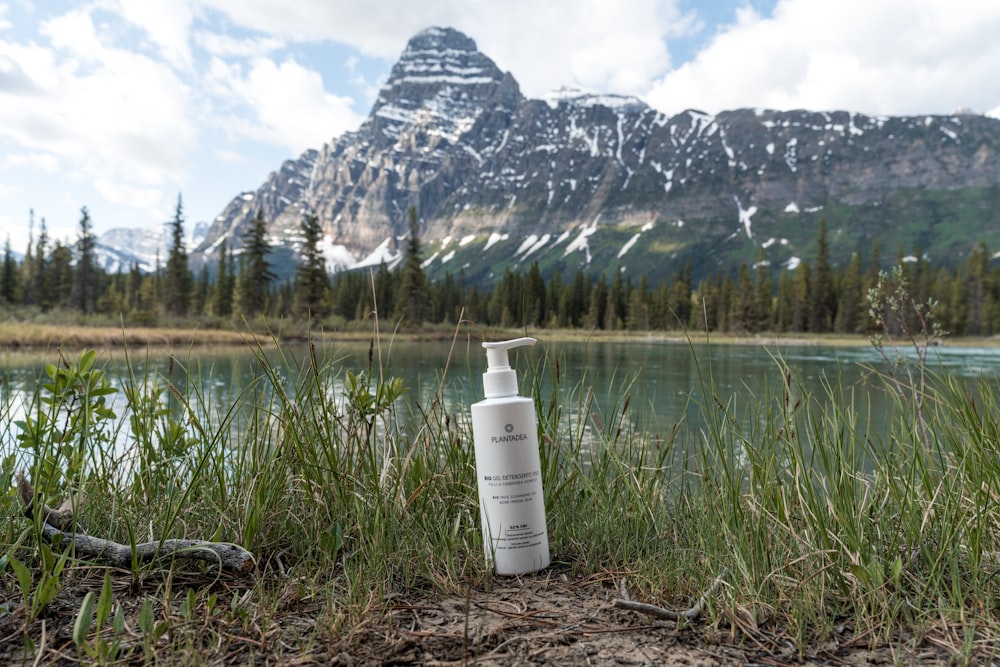 a bottle of lotion sitting on the side of a lake