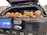 A group of seven light brown puppies are resting their heads on the back gate of a Ford Ranger pickup truck. A sign promoting dog walking and sitting services is attached to the vehicle. The puppies look curious and are closely snuggled together, gazing outward.