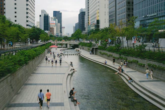An urban river revitalization project blending natural habitats with city infrastructure.