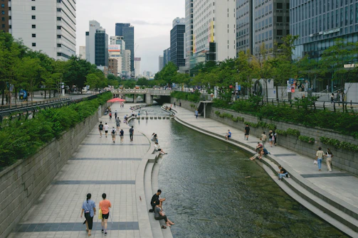 An urban river revitalization project blending natural habitats with city infrastructure.