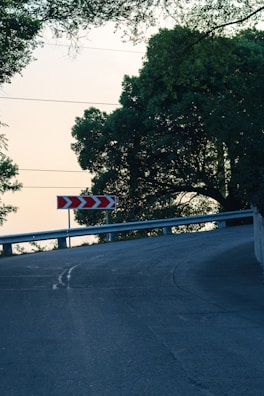 A curved road with a guardrail and directional road signs featuring red and white arrows pointing left. The road is surrounded by lush green trees, and there are utility lines above. The atmosphere seems peaceful, with soft lighting suggesting early morning or late afternoon.