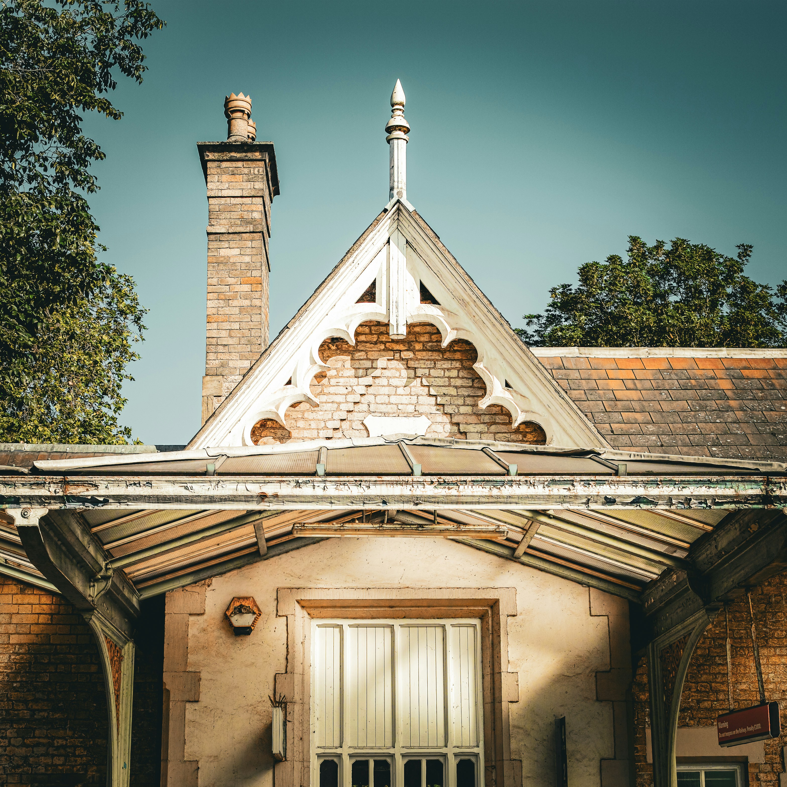 a brick building with a white front door