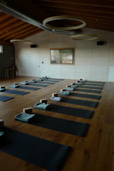 A serene yoga studio bathed in natural light with mats laid out invitingly for a calming session.