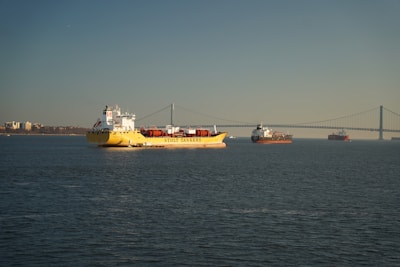 A large yellow cargo ship labeled 'Stolt Tankers' is prominent in the foreground, sailing on a calm sea. Several other cargo ships are visible in the background. A long suspension bridge spans across the horizon, below a clear sky. City buildings can be seen along the distant shoreline.