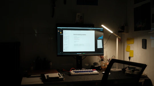 A focused consultant reviewing cybersecurity frameworks on a laptop in a modern office.