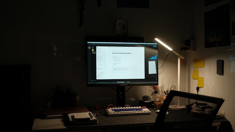 A dimly lit desk setup featuring a computer monitor displaying a document titled 'General Hardening Guideline'. The desk has a mechanical keyboard with blue and red keys, a lamp providing light on the right side, and various small items including notes pinned to the wall, a notebook, and a cup. There is a mesh office chair in front of the desk.