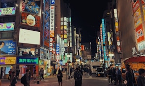 A bustling street in Tokyo filled with neon lights.