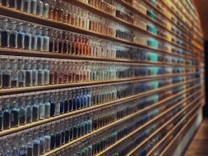 Close-up of high-grade industrial chemicals neatly arranged on factory shelves.