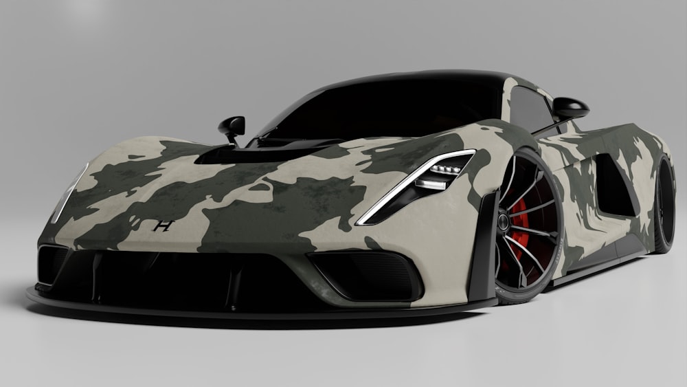 a camouflaged sports car is shown in this image