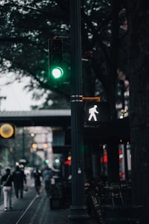 A green traffic light and a pedestrian signal indicating it's safe to walk are prominently displayed. The surrounding area features a busy urban street with blurred figures of people walking, trees lining the avenue, and some visible storefronts. The ambient light suggests either early morning or late afternoon.