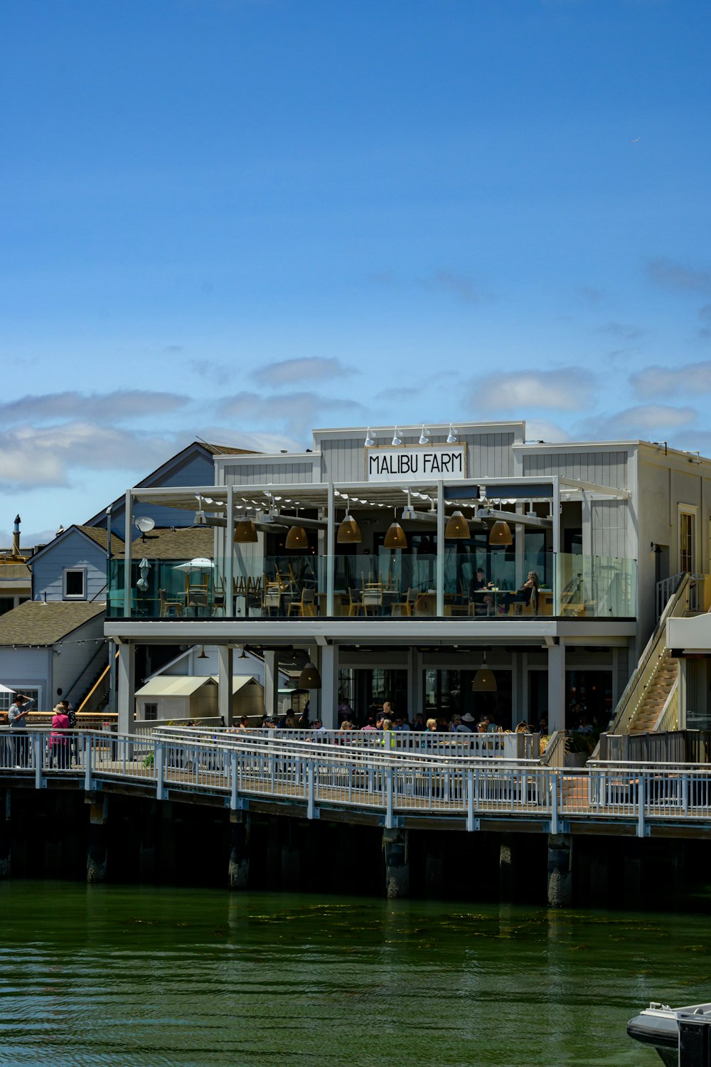 a restaurant on a pier next to a body of water