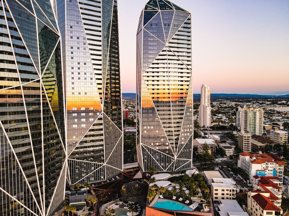 a group of skyscrapers in a city at sunset