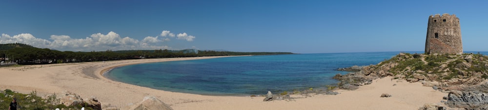 a sandy beach with a tower in the middle of it