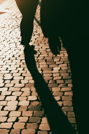 Golden hour light casting long shadows over a quiet cobblestone street in a historic London neighborhood.