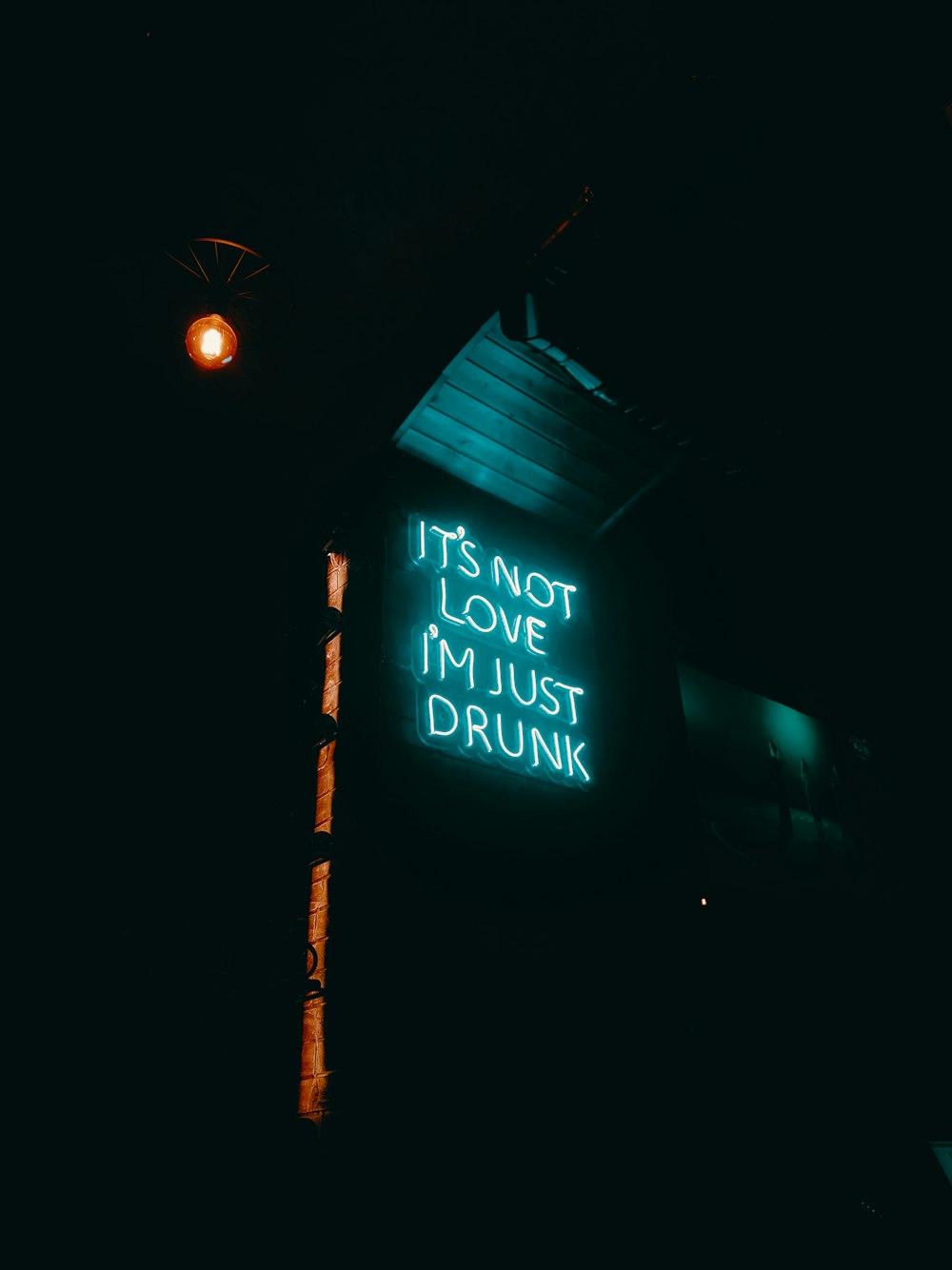 a neon sign that says it's not love i'm just drunk